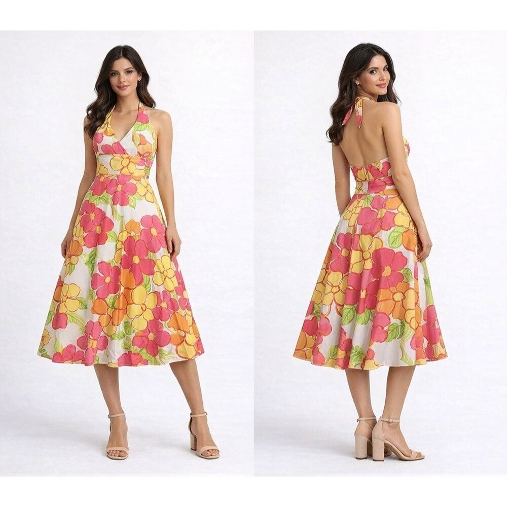 Lilly Pulitzer Willa Halter Top Dress Sz 8 Pink Bright Floral A Line Sundress